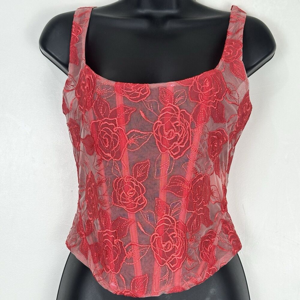 NWT For Love & Lemons Red Floral Sheer Corset Tank - Picture 8 of 15